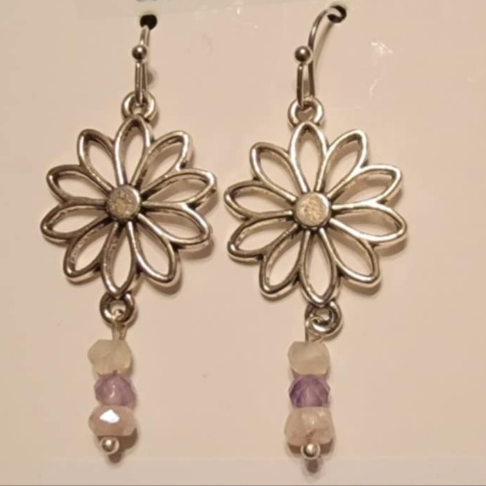 Moonstone Amethyst & Rose Quartz   flower dangle earrings